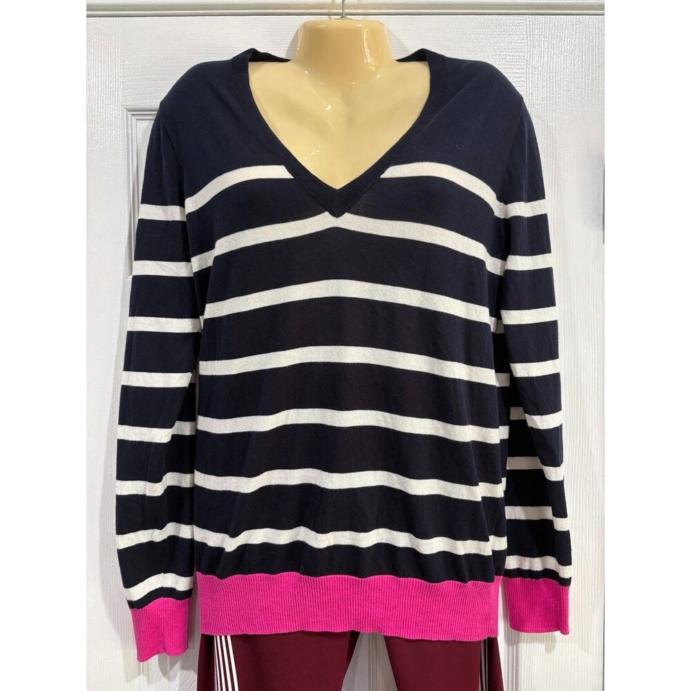J.Crew Women L Navy Ivory Stripe V Neck Cotton Sweater Pink Trim Preppy